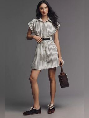 NWT Anthropologie Faye Short-Sleeve Belted Shirt Dress Black & White Size S